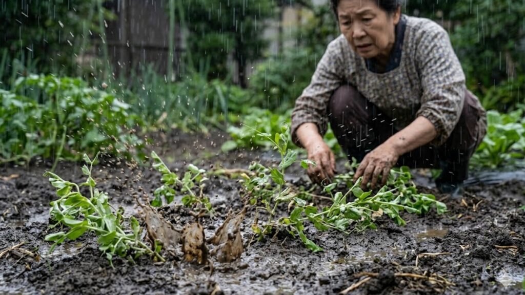 雨天時の庭で、地面に激しく当たった泥水が地植えされた豆苗の葉や茎に跳ね返る様子