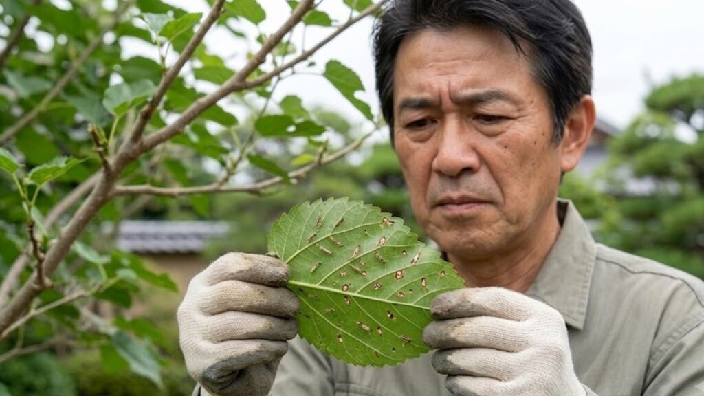 庭の桑の木の葉に発生したアメリカシロヒトリの白い糸状の巣網と大量の幼虫を、忌避感と困惑の表情で観察する、作業手袋をはめた老年の日本人男性。