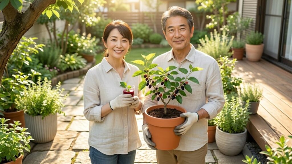 庭の桑の木問題が鉢植え栽培で解決し、笑顔で矮性桑(シャルロットリュス)の鉢とマルベリージュースを持つ、40代後半の日本人男女。日当たりの良い庭園にて。