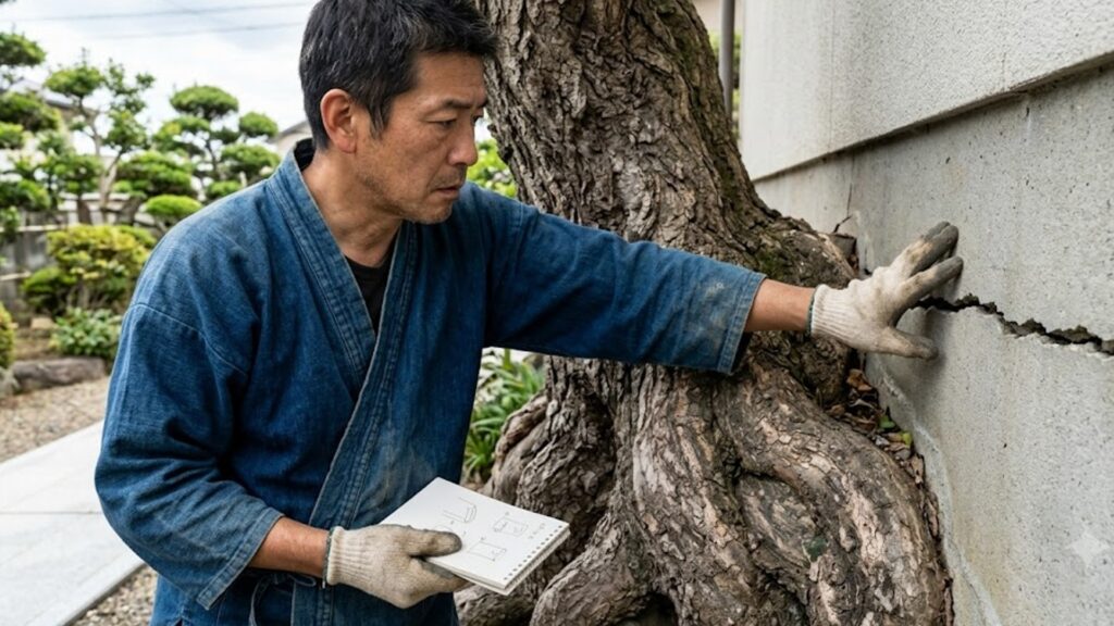 庭の桑の木の太い根が住宅のコンクリート基礎を圧迫し、大きな亀裂を生じさせている様子を心配そうに見つめる日本の造園専門家。