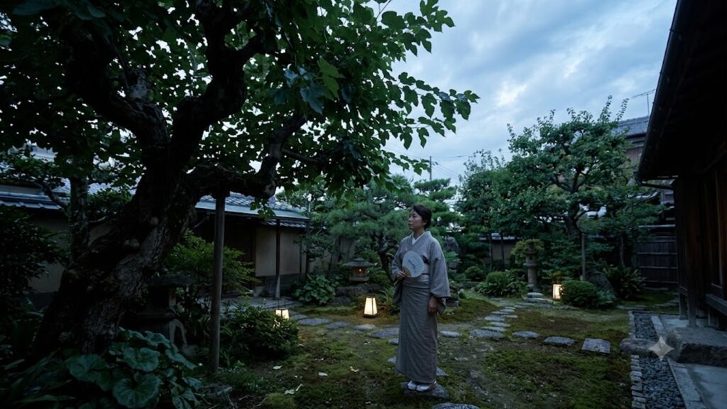 薄暗い夕暮れの日本庭園で、大きな桑の木が落とす深い影が「陰の気」を想起させ、その様子を不安げに見つめる着物姿の日本人女性。