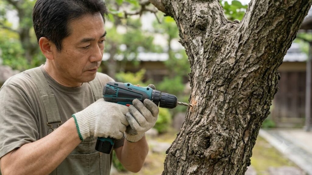 庭の桑の木の幹に、電動ドリルを使って除草剤を注入するための下穴を慎重に斜め下向きにあけている、作業手袋をはめた日本人の造園家。