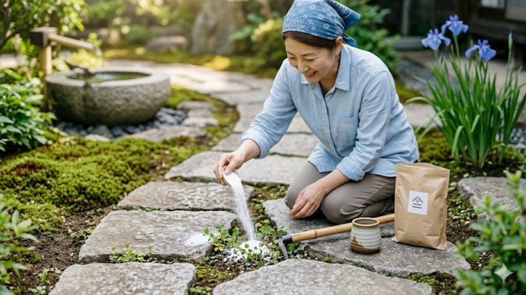 日本庭園の石畳の隙間に生えた雑草を、環境に優しい自然由来の資材を使用して、笑顔で丁寧に手入れする日本人女性の様子