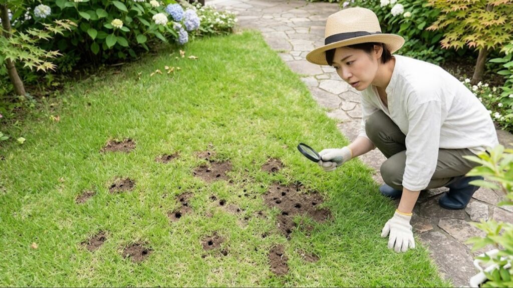 緑豊かな日本の庭で、帽子をかぶった日本人女性が芝生の表面に開いた無数の小さな穴を虫眼鏡で真剣に観察している様子。