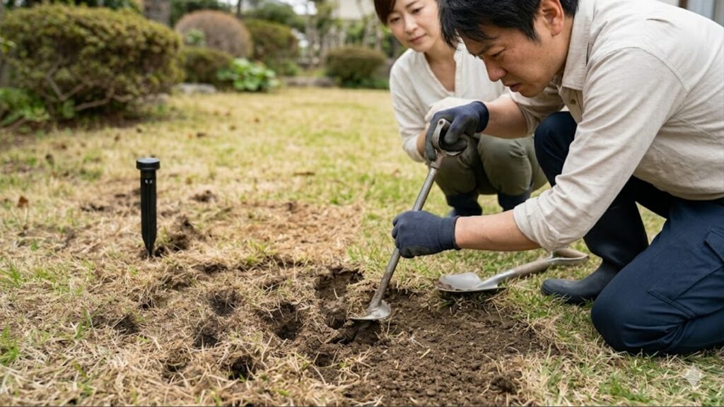 庭の大きな土壌陥没。男性がモグラや害獣によって作られた深い穴を掘削ツールで調査し、女性が心配そうに見守っている。