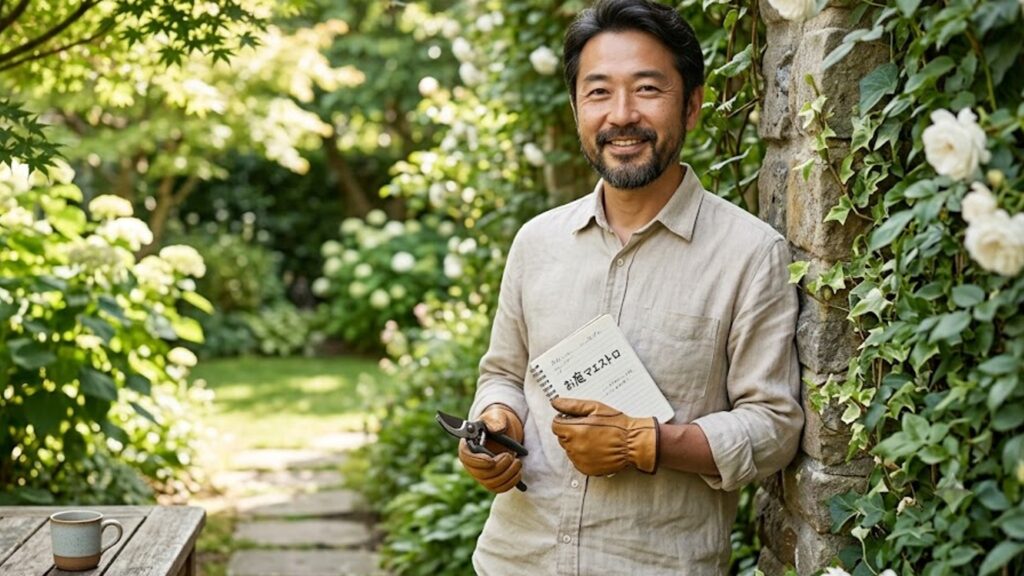 庭マエストロのなおと氏。40代の親しみやすい日本人男性が、リネンシャツと手袋を着用し、緑豊かな庭園でハサミとノートを持って微笑んでいる。自然光が差し込む心地よい風景。