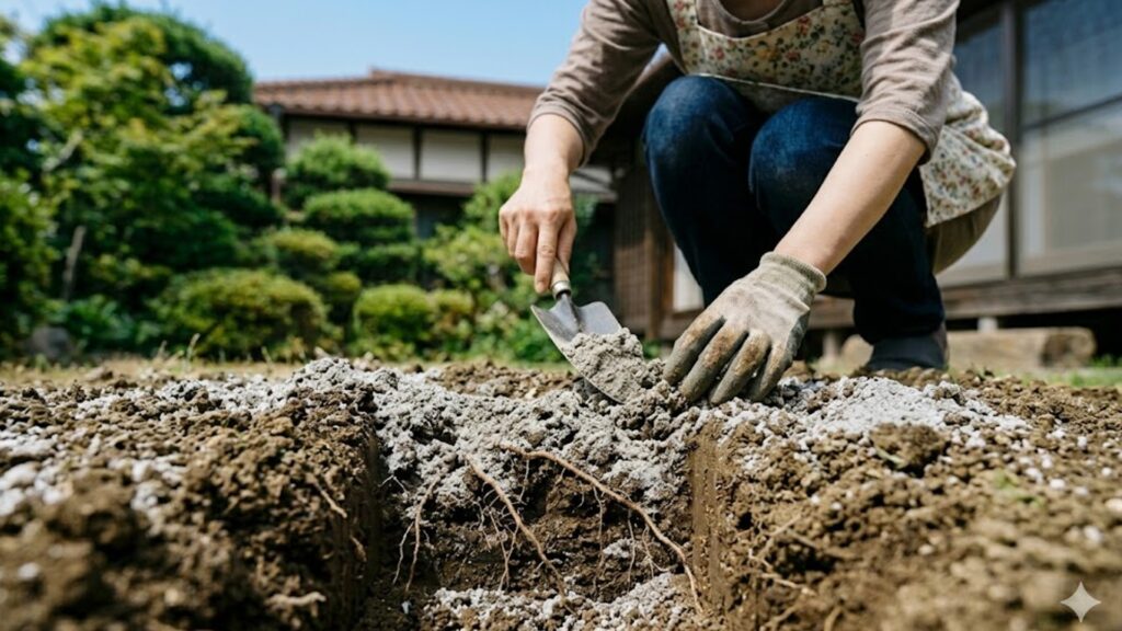 庭にまかれた塩が地中に溶け出す前に、シャベルを使って白い塩の混ざった表面の土を丁寧に削り取って回収する様子