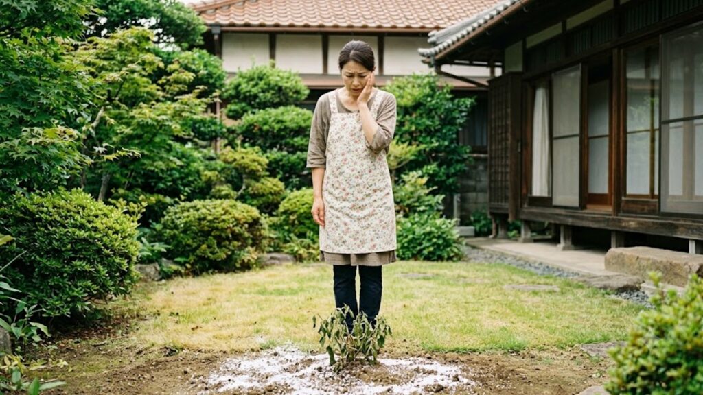庭の土にまかれた白い塩と、枯れかけた植物を前にして困った表情で佇むエプロン姿の日本人女性