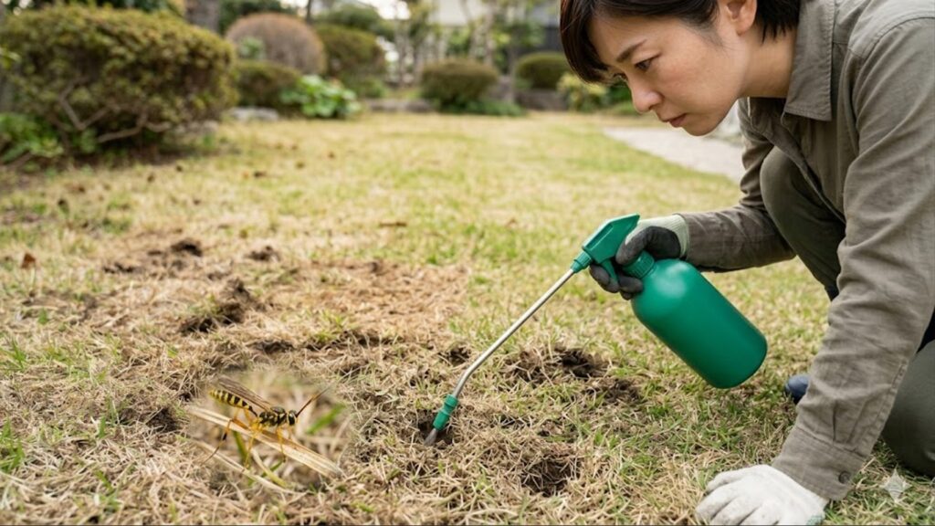 日本の庭で、帽子をかぶった日本人女性が、土に開いた小さな丸い穴の周辺を低空飛行するハチを、安全な距離からスプレーボトルを手に持って慎重に観察している様子。