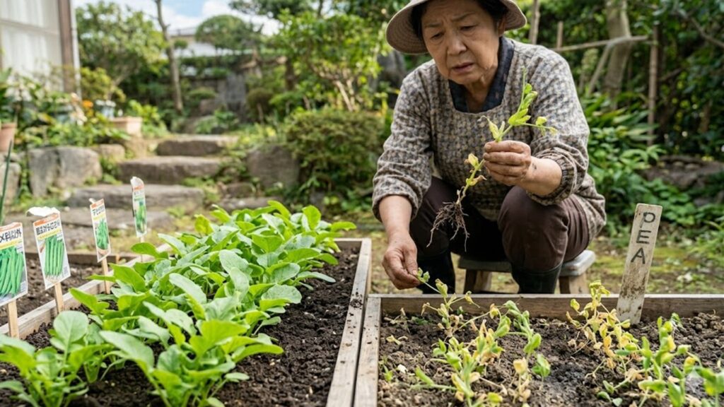 同じ場所に植え続けられたことで、生育不良で黄色く萎れた豆苗と、別の区画で元気に育つ野菜の対比