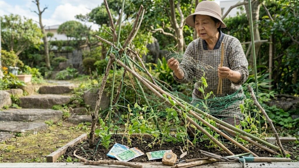 庭に地植えされた豆苗を支えるために、頑丈な支柱や専用ネットを設置し管理する様子。周囲の景観と作業コストの視覚的表現。