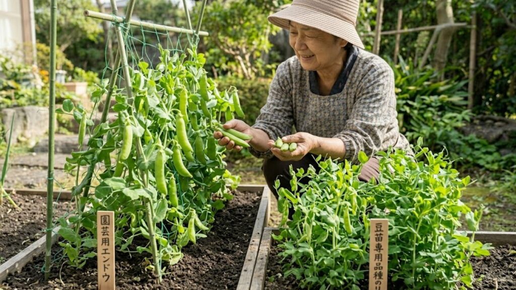 豆苗専用品種のコンパクトな株と、高く伸びて実をつけた園芸用エンドウの株を並べ、収穫物の品質の違いを比較検討する様子。