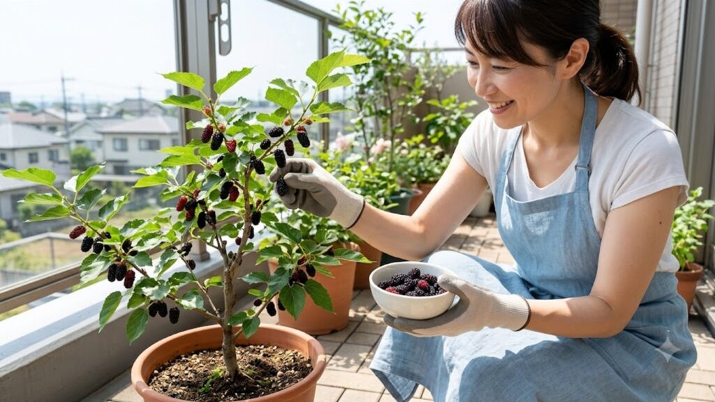 日当たりの良いベランダで、テラコッタ鉢に植えられた矮性桑品種「シャルロットリュス」から、完熟した黒い実を笑顔で収穫する日本人女性。
