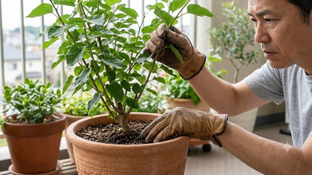 ベランダで鉢植え栽培されている桑の木の土の乾燥具合と葉の健康状態を、真剣な表情で点検する、ガーデニンググローブをはめた日本人の男性。