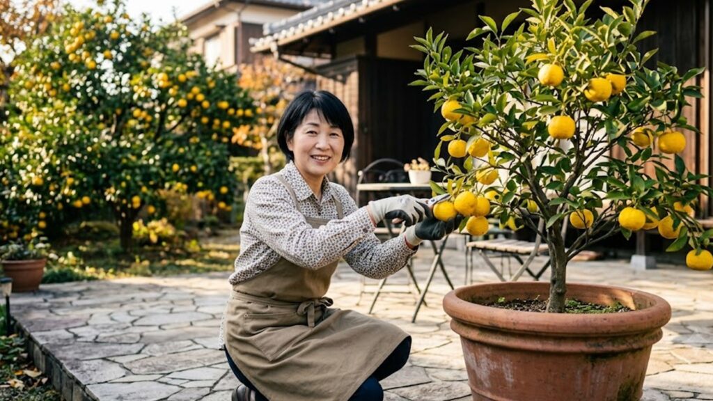 エプロンと手袋を着用し、自宅のテラスで鉢植え(根域制限栽培)のコンパクトな柚子の木から笑顔で実を収穫する40代の日本人女性