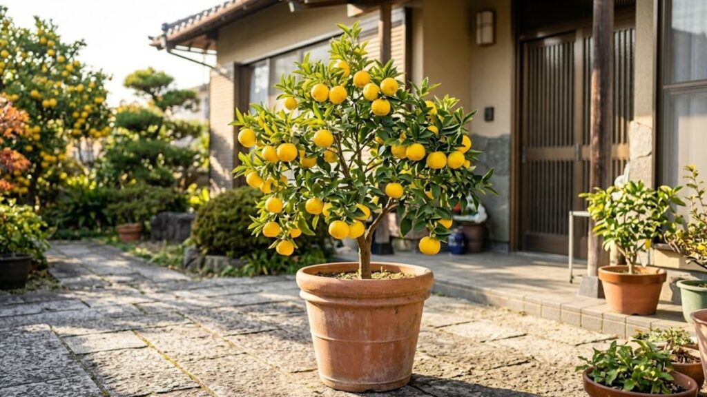 おしゃれなテラスに置かれ、根域制限(鉢植え)でコンパクトに管理されながらも黄色い実をたくさんつけた柚子の木