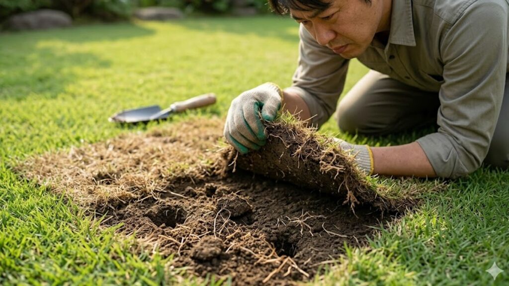 日本の庭で、手袋をはめた日本人男性が、一部が茶色く枯れた芝生を手でペロッと剥がして、土の表面にある小さな穴や根の被害状態を確認している様子。害虫そのものは写さず、食害による被害のメカニズムを解説する風景。