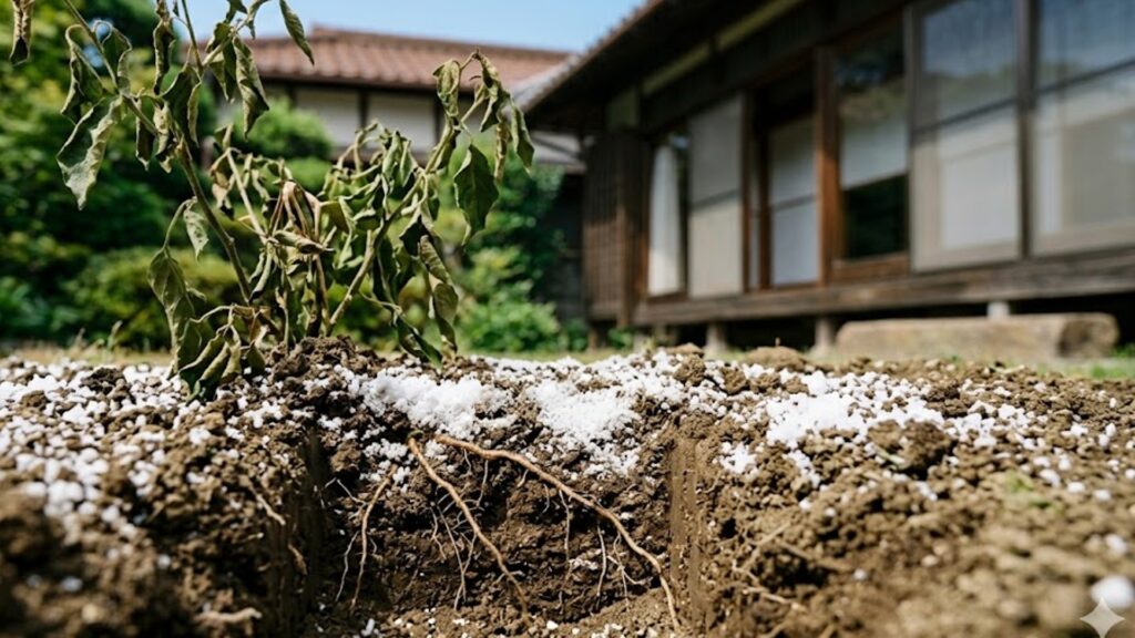 庭の土壌に含まれる塩分の影響で、根の細胞から水分が奪われてじわじわと茶色く立ち枯れていく庭木の根元