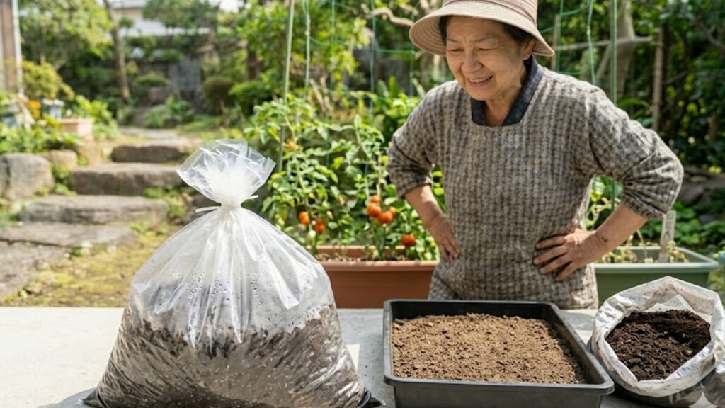 プランターで使用した古い土を透明なビニール袋に入れ、太陽光に当てて熱消毒し再生させる様子