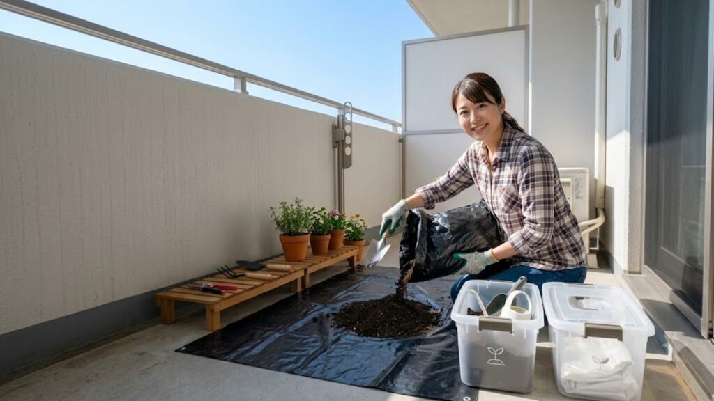 ベランダで黒いビニール袋に入れた土を広げ、太陽光を利用して熱消毒している様子