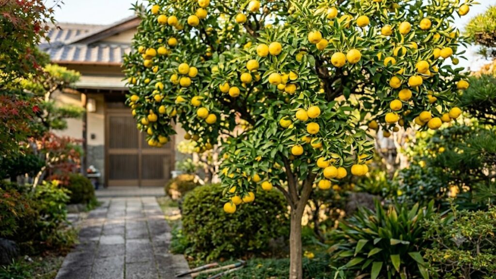 トゲが非常に少なく、種がないため管理や調理がしやすい柚子の優良変異品種(多田錦)の木