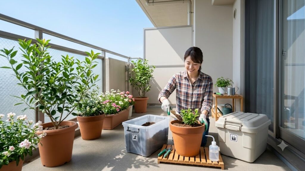 プランターの土の表面を赤玉土で覆い、コバエの発生を物理的に防ぐマルチング作業を行う女性の手元