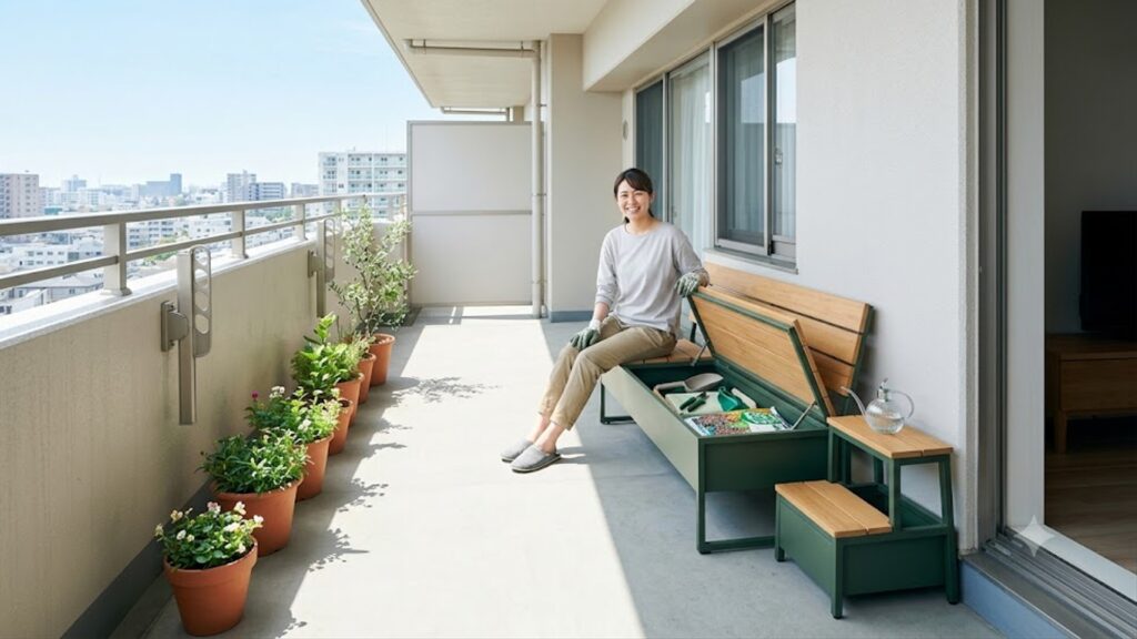 マンションのベランダで、女性がベンチストッカーに座りながら、座面下の収納から園芸用品を取り出す様子