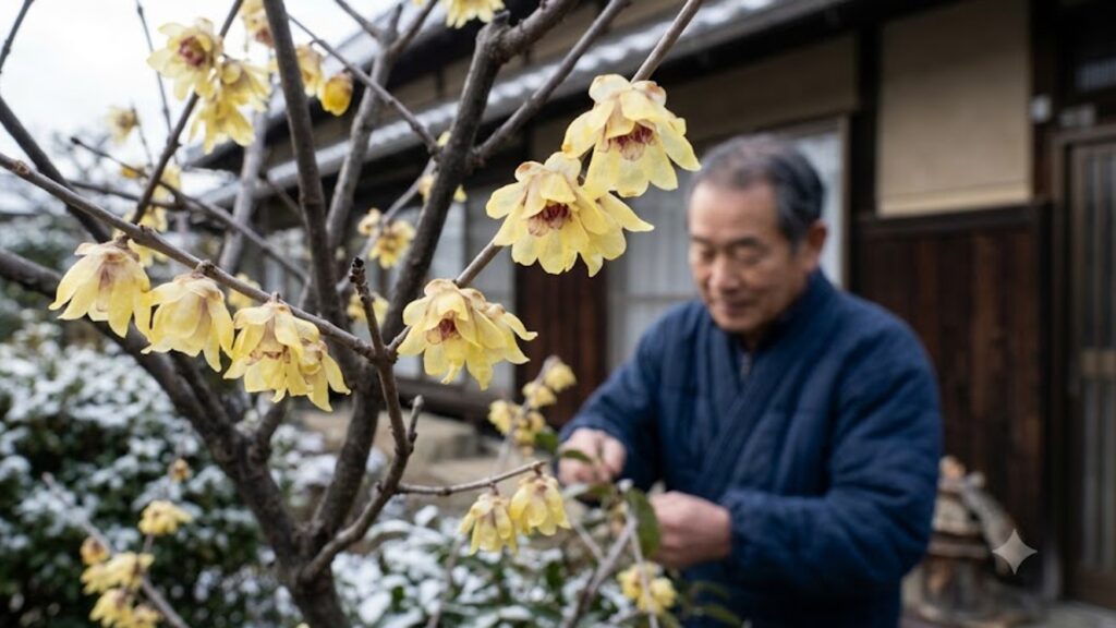 冬の庭で可憐に咲く蝋梅(ロウバイ)の花と、それを優しく見守る日本人男性庭師。