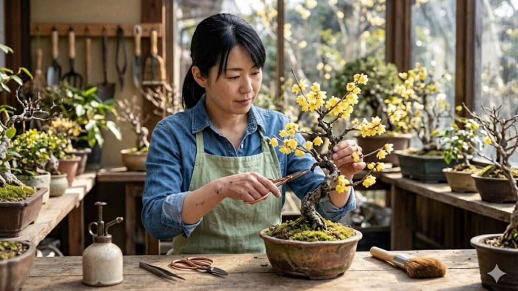 自宅の作業スペースで、蝋梅(ロウバイ)のミニ盆栽を丁寧に剪定する日本の若い女性。鉢植えでの管理。