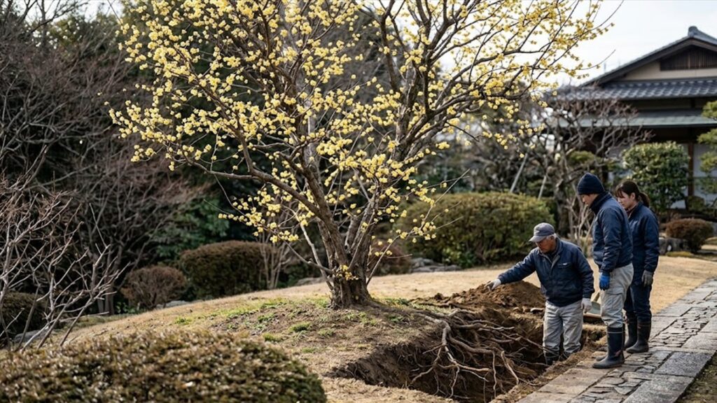 成長した蝋梅(ロウバイ)の複雑な根系を掘り起こして確認する日本の造園師チーム。直根と側根の広がり。
