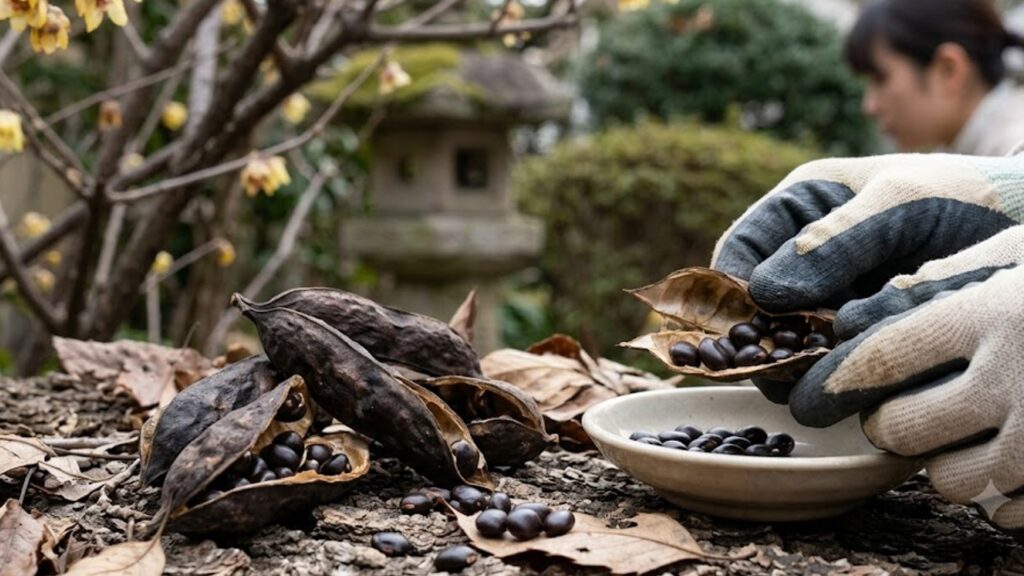 乾燥して割れた蝋梅(ロウバイ)の実と、中からこぼれ落ちた有毒な黒い種子。注意深く観察する様子。