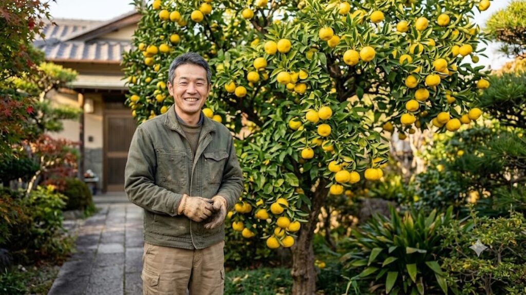 男性が庭に植えられた立派な柚子の木の前に立ち、笑顔で挨拶している様子。背景には豊かな実り。