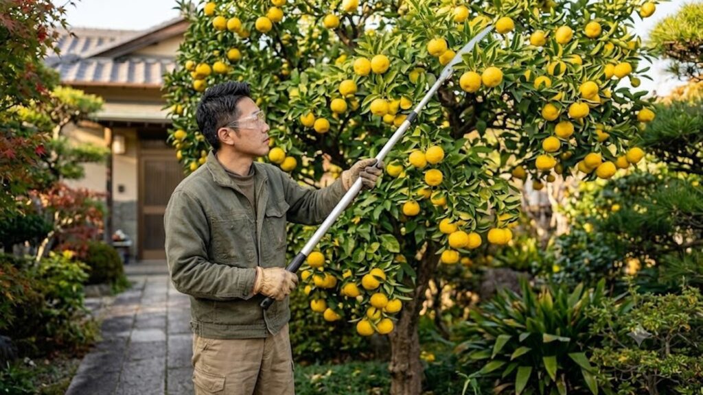 適切な防護装備を着用して高枝切りバサミで柚子を剪定する40代の庭師