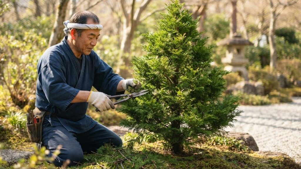 春の暖かい日差しの中、庭師が日本の伝統的な剪定ばさみを使って、緑豊かな若い檜の枝を丁寧に切り詰めている。新芽が吹き出す前の3月〜4月の適期を視覚的に表現。