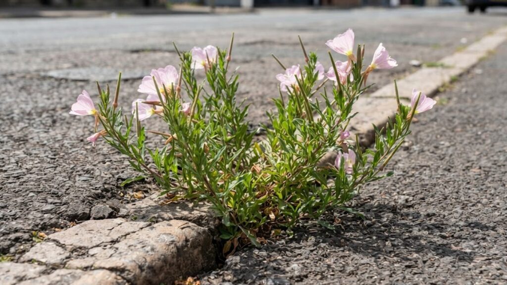 アスファルト舗装のわずかな隙間から、力強く生長し花を咲かせているヒルザキツキミソウの群生。舗装の割れ目から覗く強靭な地下茎と、過酷な環境でも可憐な花を咲かせる植物の生命力が伝わるドキュメンタリー的な写真。