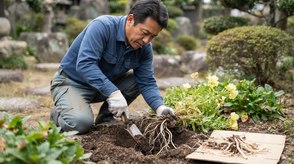日本人の中年男性庭師が、適切な装備(手袋、作業着)を着用し、スコップを使って庭の土を深く掘り起こしている作業風景。地中に張ったヒルザキツキミソウの白い地下茎を丁寧に取り除いている様子が、プロフェッショナルの視点から捉えられている。