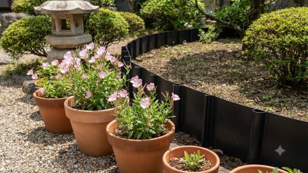 日本の住宅の庭先で、テラコッタ調のプラスチック鉢に植えられた複数のヒルザキツキミソウが、白い花を咲かせている。鉢は地面に直接置かれず、ブロックの上に並べられており、地下茎の拡散を防ぐための適切な管理が行われている様子が分かる。
