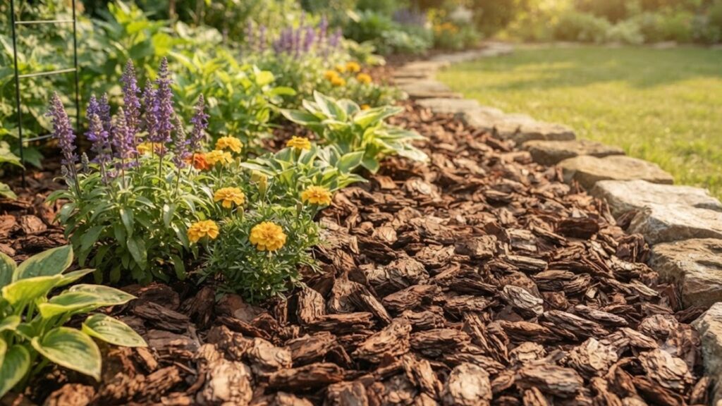 美しいバークチップでマルチングされ、雑草を防ぎつつ植物が健康的に育つ、手入れの行き届いたおしゃれな花壇。