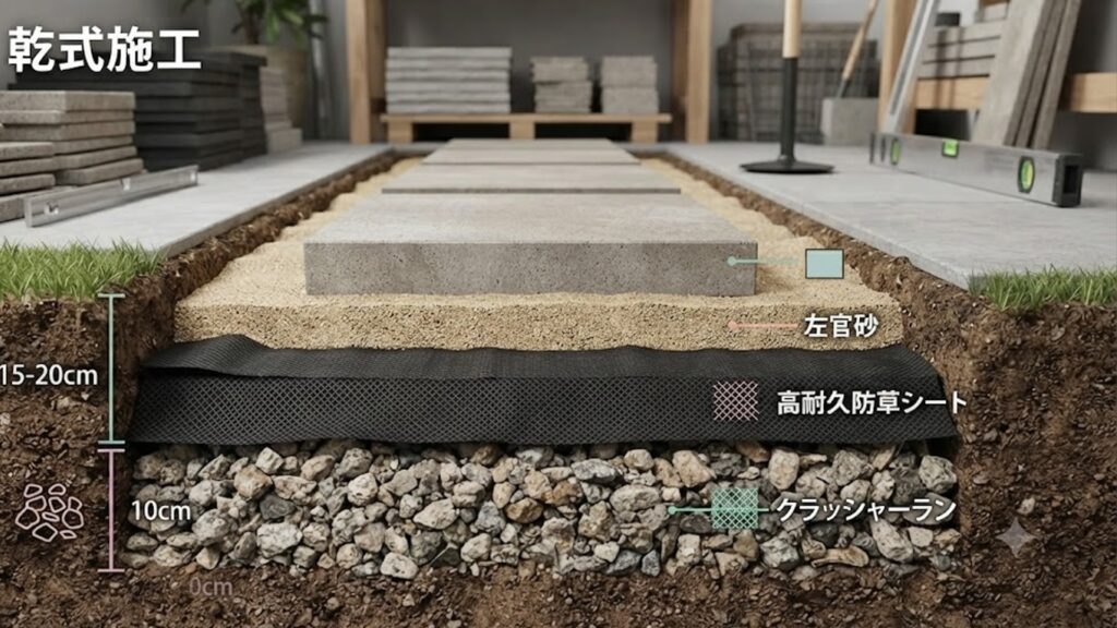 DIYで行う平板の「乾式施工」を解説するための、地面の断面を切り取った説明的な写真。