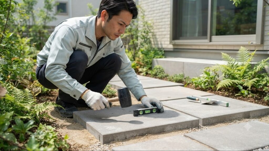庭のDIYで、アジア人男性がゴムハンマーと水平器を使い、設置したコンクリート平板の水平と高さを微調整している。平板間の目地も確認できる。