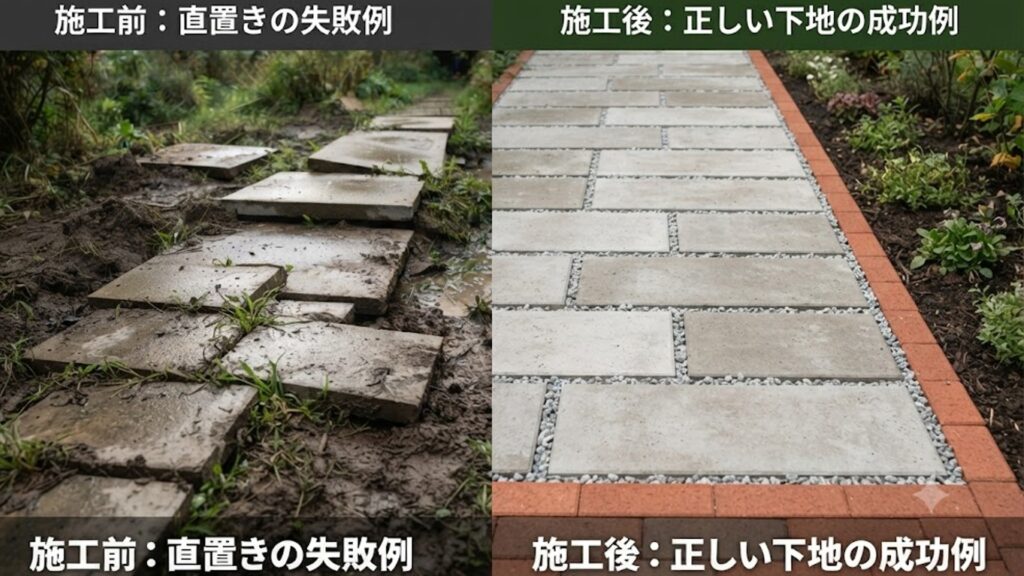 庭の平板直置きDIYの失敗例(地盤沈下・雑草)と、正しい乾式施工による成功例(水平・美しい目地・砂利敷き)の比較画像。下地処理の重要性を強調している。