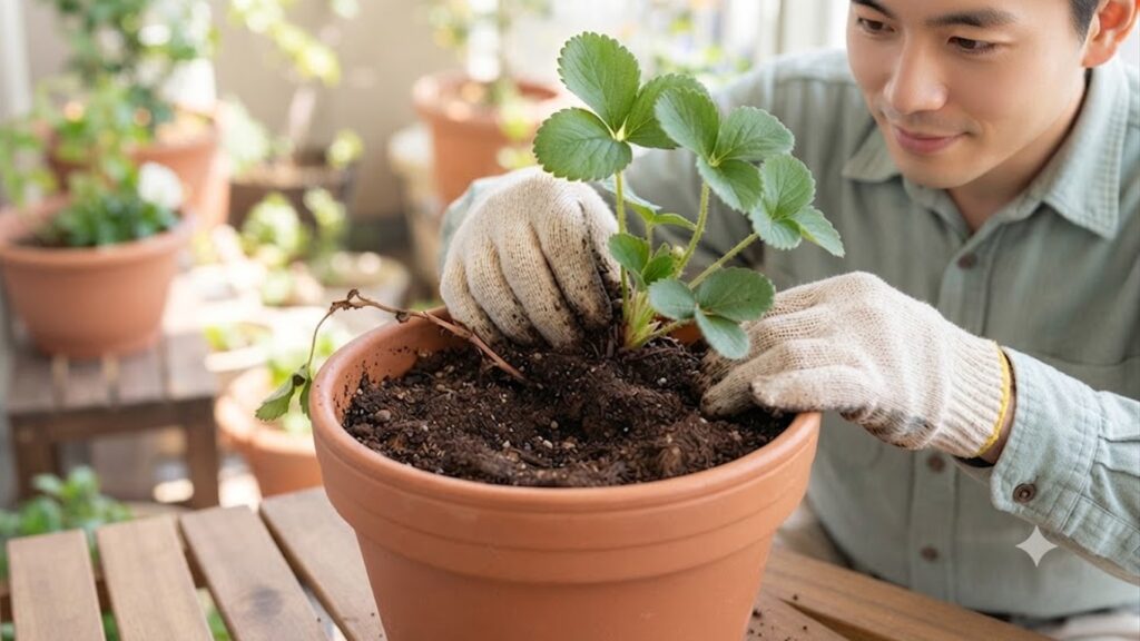イチゴを鉢植えで栽培している男性の画像。