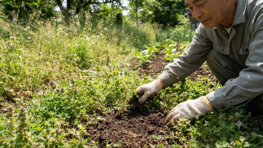 日本の緑豊かな庭園で、しゃがみこんで作業する日本人の男性園芸家の手元。地面の多様な草むらの中に、土壌を保護しつつ雑草の生命力を活かす「抜かない除草」の実践シーン。