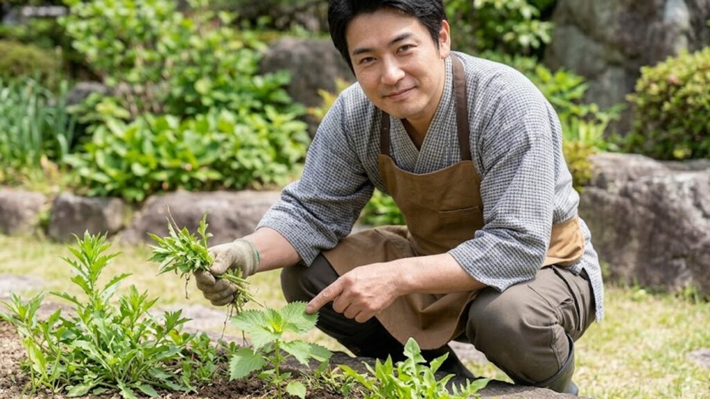 庭でしゃがみ込み、人差し指で本物のしその葉のギザギザを指し示しながら、周囲の雑草と注意深く見分ける日本人男性の庭師の様子。日本の伝統的な庭園が背景。