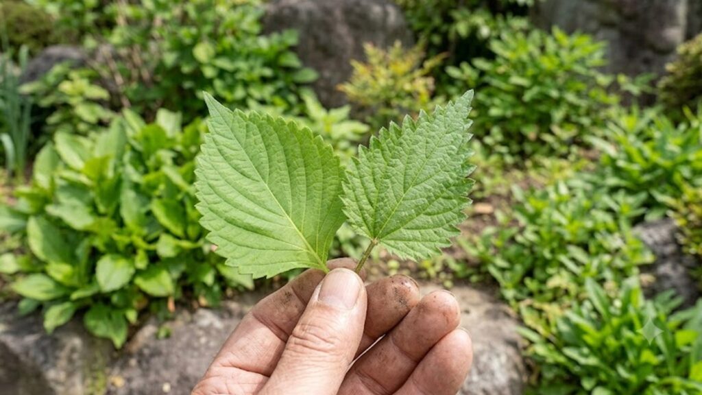 日本の庭の土から芽吹いたばかりの、特徴的なギザギザを持つしその幼苗の本葉(左)と、滑らかで異なる葉の付き方をする雑草の幼苗(右)の近接写真。