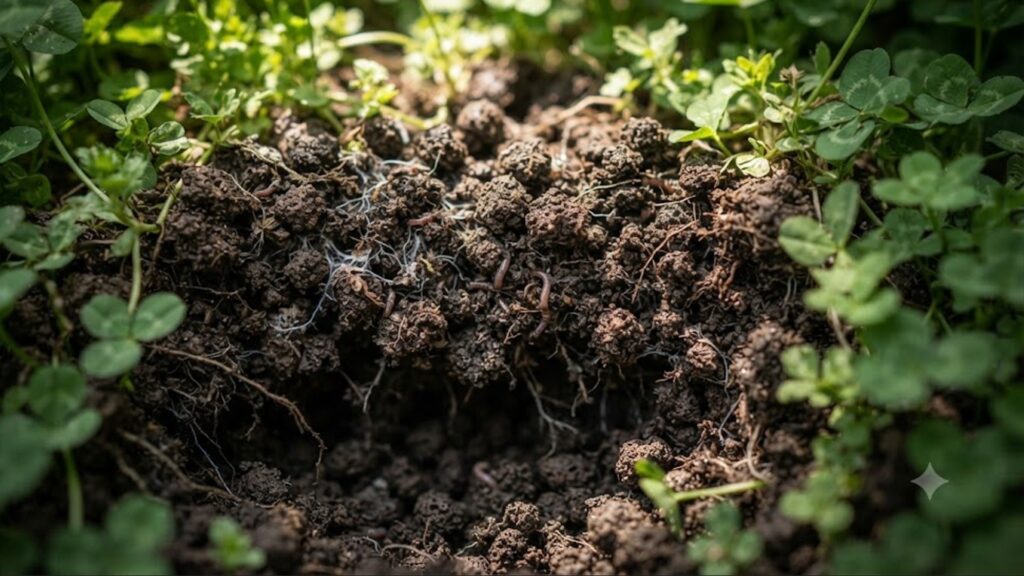 雑草の根を残した土壌の断面図を捉えたマクロ写真。微生物やミミズによって分解された跡にできる、空気を含んだ豊かな団粒構造が視覚的に分かる様子。