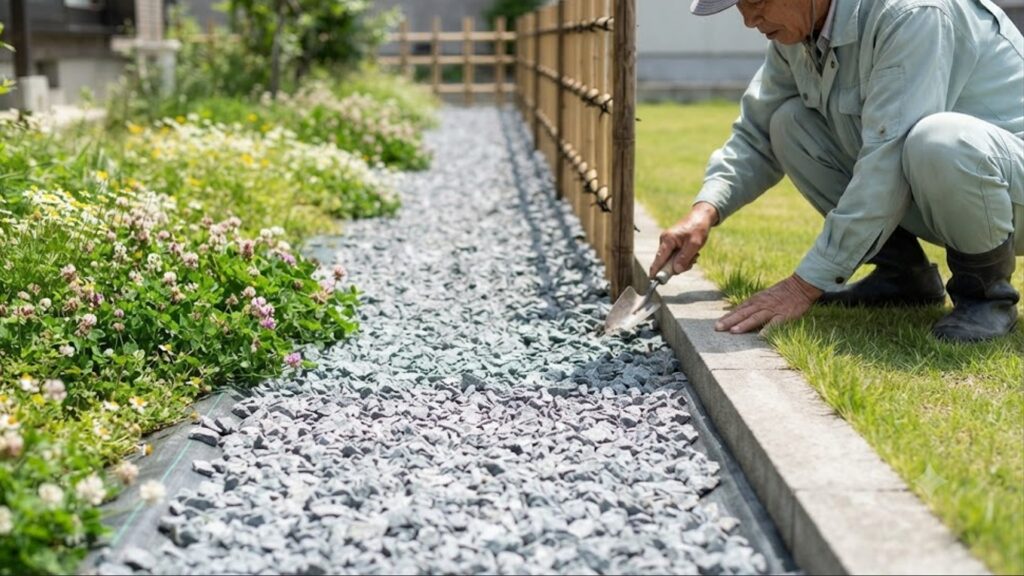 日本の住宅街の庭と隣家の境界線。境界フェンスから50cmの範囲が砂利敷きの「バッファゾーン」として確保され、トラブルを防ぐために適切に管理されている様子。