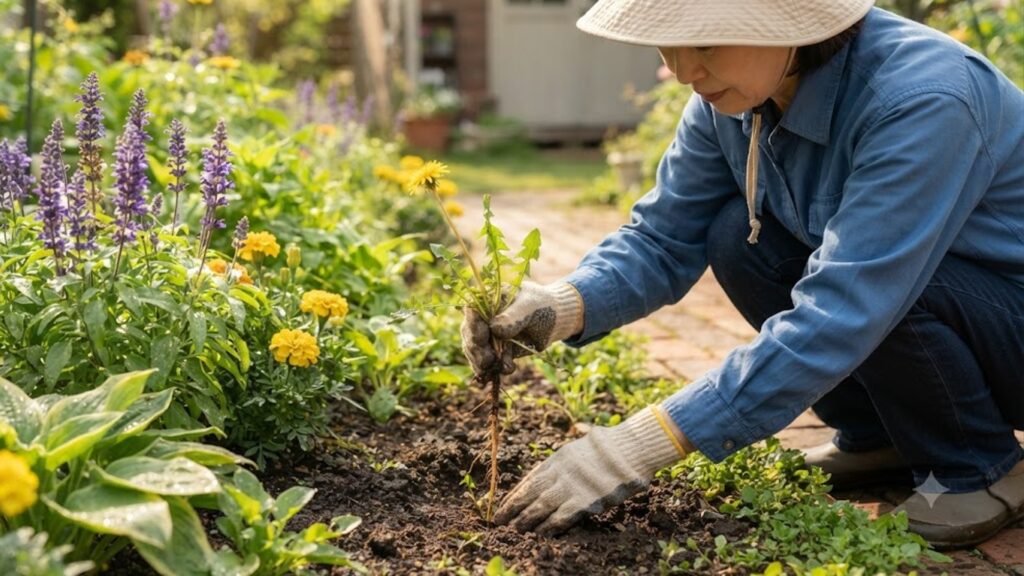 花壇で厚手の手袋を着用し、お花を傷つけずに垂直に雑草を根こそぎ抜く日本人庭師の女性。
