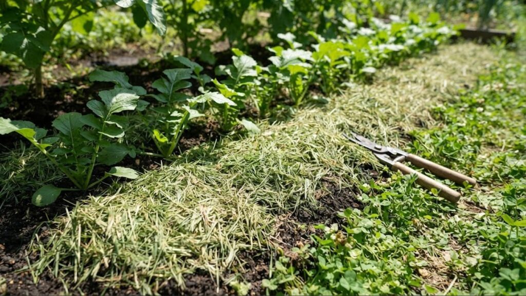 家庭菜園の畝(うね)の周りに、刈り取った雑草を敷き詰めた「草マルチ」の状態。野菜の苗の根元が保護され、保湿と雑草抑制が行われている実際の農法。