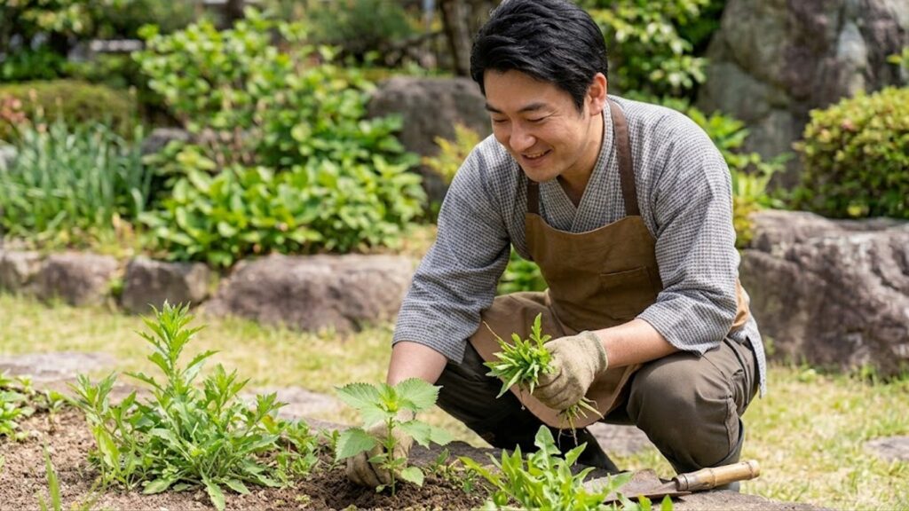 庭のしそを収穫する日本人男性。